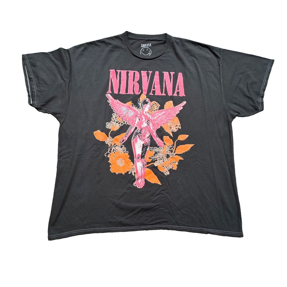 Nirvana Utero angel Flowers Dark Gray Grunge Oversized Washed T Shirt Size L/XL